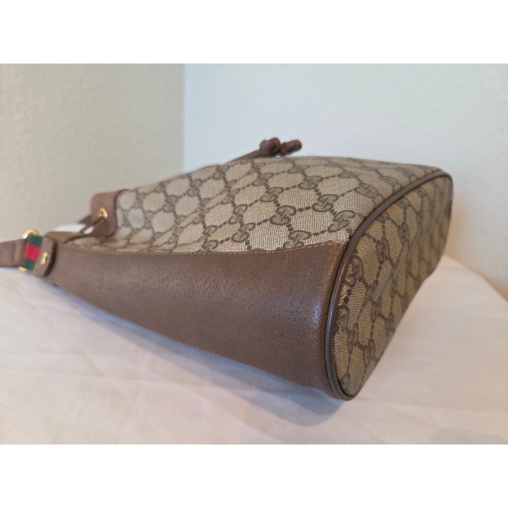 Gucci GG Supreme Monogram Bucket Bag Brown Leather Drawstring Vintage Web Stripe - Picture 6 of 15